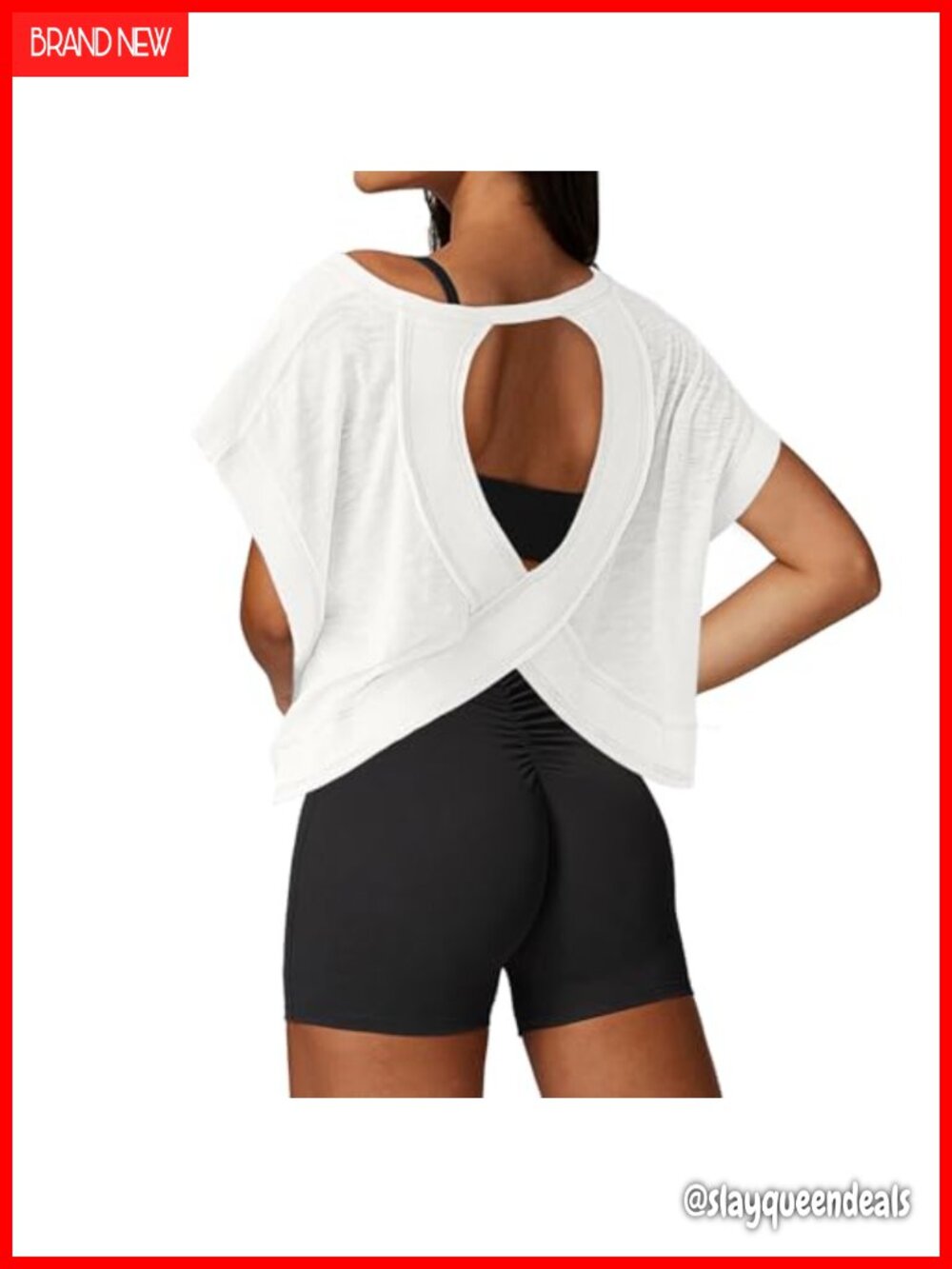 Open Back Workout Crop Top Ribbed Short Sleeve Loose Fit Gym Yoga Running